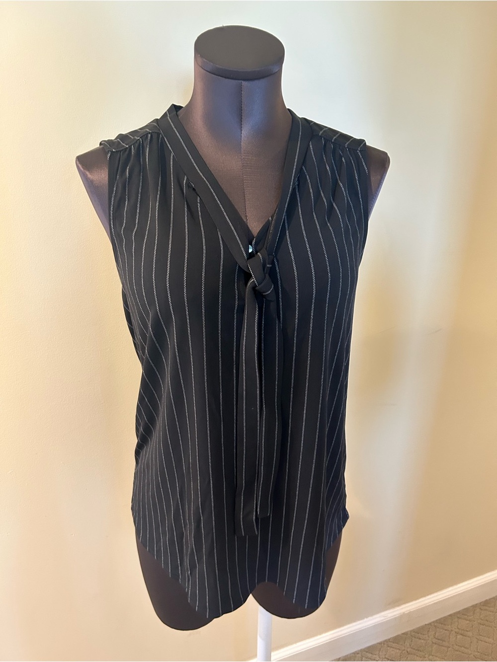 Banana Republic Black Pinstripe Tie-Neck Sleeveless Blouse